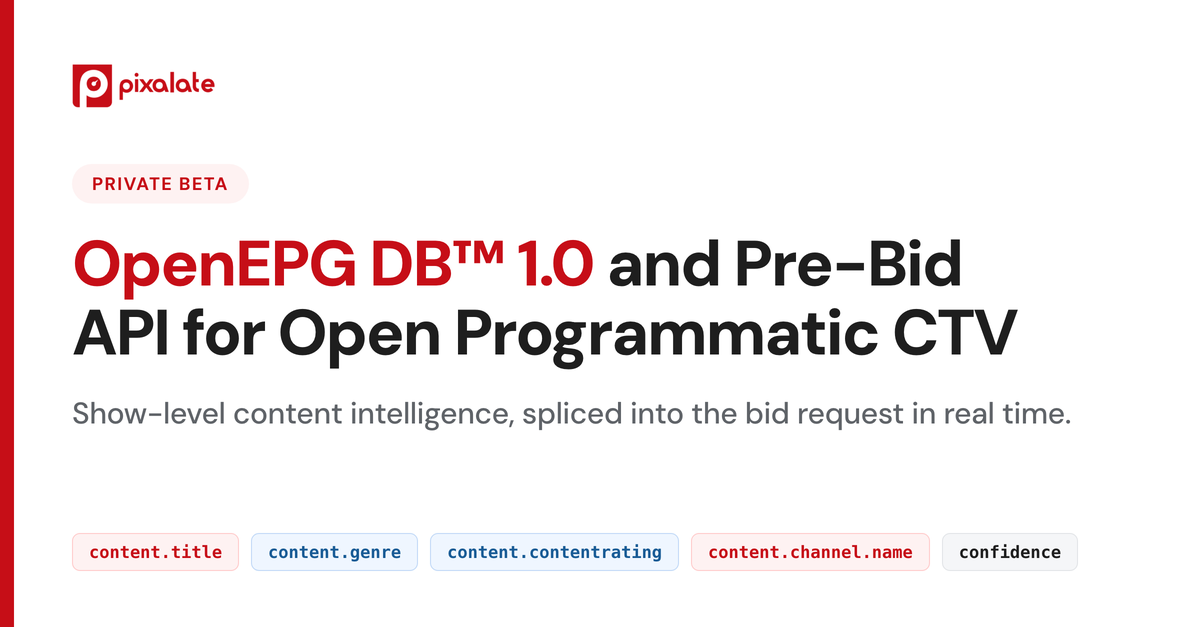 Pixalate Launches OpenEPG DB™ 1.0 & Pre-Bid API for CTV Open Programmatic Advertising: Mapping 580K+ Shows, 13.9K+ Channels, Incl. Tubi, Samsung TV Plus, & The Roku Channel, with Zero Publisher Opt-In
